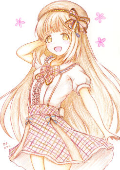 1girl absurdres arm_behind_head beret bow brown_hair checkered_bow checkered_clothes colored_pencil_(medium) commentary cowboy_shot dated flower hat highres idolmaster idolmaster_cinderella_girls iraren_san long_hair outstretched_arm plaid_bow puffy_short_sleeves puffy_sleeves shirt short_sleeves sidelocks signature simple_background solo traditional_media white_background white_shirt yorita_yoshino