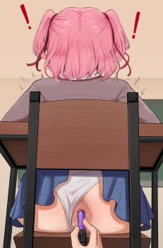 ! 1girl 1other absurdres anal anal_object_insertion anus ass blue_skirt brikot chair clothing_aside desk doki_doki_literature_club doki_doki_literature_club_school_uniform facing_away from_behind hair_ribbon highres holding holding_marker loli marker natsuki_(doki_doki_literature_club) object_insertion on_chair panties panties_aside pink_hair pov pov_hands red_ribbon ribbon school_chair school_desk school_uniform sitting skirt solo_focus two_side_up underwear white_panties