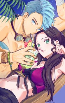 1boy 1girl bikini black_bikini blue_eyes blue_hair bracelet breasts brown_hair caspar_von_bergliez caspar_von_bergliez_(summer) commentary_request cup dorothea_arnault dorothea_arnault_(summer) drinking drinking_straw fire_emblem fire_emblem:_three_houses goggles goggles_around_neck green_eyes hetero highres holding holding_cup jewelry kh_(tanakananataka) long_hair looking_at_viewer medium_breasts multicolored_bikini navel nintendo official_alternate_costume on_hammock pink_bikini pink_nails shared_drink short_hair stomach swimsuit topless_male two-tone_bikini