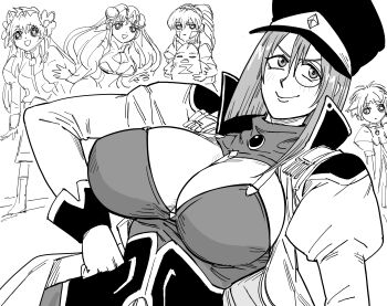 5girls absurdres bb_(baalbuddy) breasts cleavage forte_stollen galaxy_angel greyscale highres looking_at_viewer milfeulle_sakuraba mint_blancmanche monochrome monocle multiple_girls narrow_waist normad ranpha_franboise smile solo_focus vanilla_h