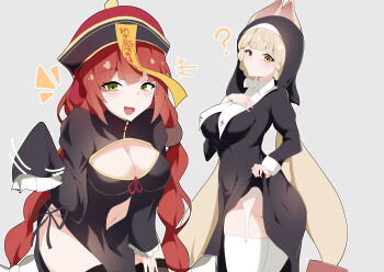 2girls ? absurdres alice_thymefield alternate_costume animal_ears black_dress blonde_hair braid breasts cleavage cleavage_cutout closed_mouth clothes_lift clothing_cutout dress dress_lift green_eyes halloween_costume hand_on_own_chest heterochromia highres ice_choco_maker jiangshi_costume large_breasts long_hair looking_at_viewer low_twin_braids low_twintails multiple_girls nun rabbit_ears rabbit_girl red_eyes red_hair sleeves_past_fingers sleeves_past_wrists smile twin_braids twintails ukinami_yuzuha very_long_hair yellow_eyes zenless_zone_zero