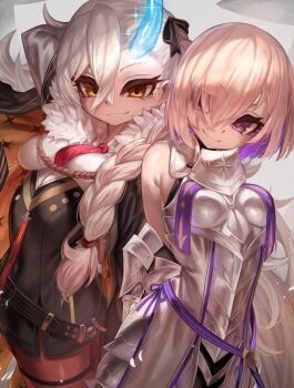 Rule 34 | 2girls, absurdres, armor, bare shoulders, black coat, black skirt, blue trim, blush, breastplate, breasts, coat, coat on shoulders, collared shirt, colored inner hair, fate/grand order, fate (series), faulds, fur-trimmed coat, fur trim, gauntlets, grey hair, hair over one eye, hair ribbon, high-waist skirt, highres, horns, long hair, long sleeves, looking at viewer, m0 chi, mash kyrielight, mash kyrielight (paladin), medium breasts, multicolored hair, multiple girls, necktie, olga marie animusphere, olga marie animusphere (unbeast), orange eyes, orange pantyhose, pantyhose, pencil skirt, pink hair, purple eyes, purple hair, ribbon, shirt, short hair, showgirl skirt, single horn, skirt, smile, white armor, white shirt, white skirt