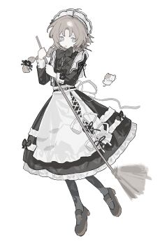 1boy absurdres ahoge apron black_bow black_bowtie black_dress black_shoes bow bowtie braid broom brown_hair cigarette collared_dress cross-laced_apron crossdressing crossdressing_(mtf) dress full_body hashtag-only_commentary highres holding holding_broom kanae_(19th_costume)_(nijisanji) kanae_(nijisanji) long_hair long_sleeves maid maid_apron maid_headdress male_focus male_maid mmminzai nijisanji official_alternate_costume shoes simple_background single_braid sleeve_cuffs solo virtual_youtuber white_background