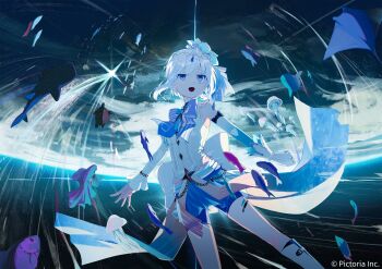 1girl absurdres asymmetrical_gloves bare_shoulders black_gloves boots bow bowtie earth_(planet) feet_out_of_frame gloves hair_between_eyes highres idol jellyfish looking_at_viewer nagishiro_mito pictoria planet purple_eyes short_hair sidelocks solo space tiara tsumugi_nen virtual_youtuber whale white_boots white_hair