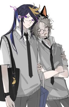 2boys absurdres animal_ears bag black_bag black_choker black_hair black_necktie blonde_hair blue_bag blue_hair brown_hair cat_ears choker closed_eyes closed_mouth collared_shirt commentary crossed_arms drooling english_commentary glasses grey_pants grey_sweater_vest hand_on_another&#039;s_arm highres hug kayu_(yukagoin) leaning_on_person long_hair looking_at_viewer male_focus multicolored_hair multiple_boys mysta_rias necktie nijisanji nijisanji_en open_mouth pants ponytail purple_eyes purple_hair round_eyewear school_bag school_uniform shirt short_hair short_sleeves shoulder_bag shu_yamino sidelocks simple_background sketch sleeping sleeping_on_person streaked_hair sweater sweater_vest virtual_youtuber white_background white_shirt