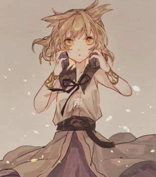 1girl black_ribbon blonde_hair commentary_request cowboy_shot earmuffs earmuffs_around_neck expressionless grey_background looking_at_viewer neck_ribbon one-hour_drawing_challenge open_mouth pointy_hair purple_sailor_collar purple_skirt ribbon sailor_collar shinjitsu_no_kuchi shirt short_hair skirt sleeveless sleeveless_shirt solo touhou toyosatomimi_no_miko yellow_eyes