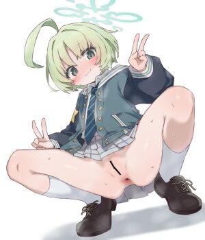 1girl :3 ahoge aku0 anus bar_censor black_sleeves blue_archive blue_necktie blush blush_visible_through_hair bottomless brown_shoes buttons censored closed_mouth collared_shirt commentary diagonal-striped_clothes diagonal-striped_necktie double_v dutch_angle from_below full_body green_eyes green_hair green_halo green_jacket grey_shirt grey_skirt halo hand_up heavy_breathing highres huge_ahoge jacket kneehighs knees_up loli long_sleeves miniskirt necktie nervous_sweating no_panties nose_blush open_clothes open_jacket perineum plaid_clothes plaid_skirt pleated_skirt pocket puckered_anus puffy_long_sleeves puffy_sleeves pussy raglan_sleeves ritsu_(blue_archive) school_uniform shadow shirt shoelaces shoes short_hair simple_background skirt smell socks solo spread_legs striped_clothes sweat tareme v white_background white_socks