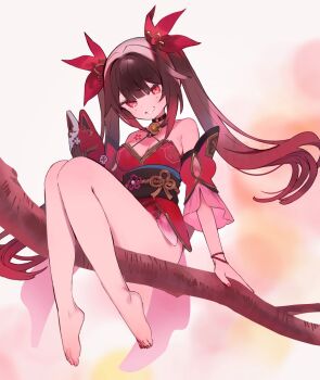 1girl barefoot bell black_choker black_gloves black_sash branch brown_hair butterfly-shaped_pupils choker detached_sleeves dress flower_tattoo fox_mask gloves grin halterneck highres holding holding_mask honkai:_star_rail honkai_(series) japanese_clothes looking_at_viewer mark_under_both_eyes mask neck_bell red_dress red_eyes red_nails red_sleeves sash single_glove smile solo sparkle_(honkai:_star_rail) symbol-shaped_pupils tattoo twintails zenshin