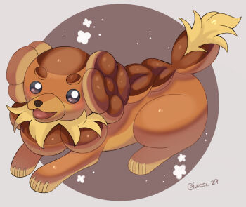 Rule 34 | animal focus, artist name, black eyes, border, brown background, brown fur, commentary request, dachsbun, dog, iwasi 29, nintendo, no humans, open mouth, outside border, pokemon, pokemon (creature), snout, tail, twitter username, white border