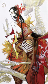 1girl absurdly_long_hair absurdres barefoot black_hair bone flat_chest highres holding holding_staff japanese_clothes kimono long_hair looking_to_the_side original pointy_ears red_eyes red_kimono shiguretau skeleton solo staff traditional_media very_long_hair