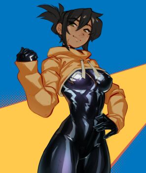 1girl batgirl batman_(series) black_bodysuit black_hair bodysuit breasts cassandra_cain commentary cowboy_shot cropped_hoodie dc_comics english_commentary green_eyes hood hoodie medium_breasts no_mask psuede scar scar_on_face simple_background solo superhero_costume toned toned_female