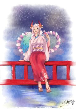 Rule 34 | bridge, dango, fireworks, food, happy, highres, japanese clothes, kimono, multicolored hair, new year, one piece, orange eyes, ribbon, spleeny, wagashi, watercolor background, watercolor effect, white hair, yamato (one piece)