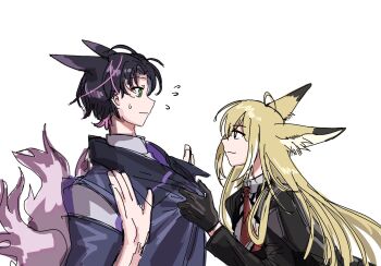 1boy 1girl animal_ears arknights black_gloves black_hair blonde_hair commentary_request couple fox_ears fox_girl fox_tail from_side gloves hetero highres long_hair multicolored_hair necktie pink_hair red_necktie short_hair simple_background suzuran's_father_(arknights) tail vulpisfoglia_(arknights) white_background yuec