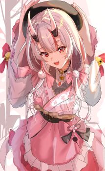 Rule 34 | 1girl, absurdres, bell, beret, bow, bowtie, commentary request, dress, frilled dress, frills, hat, highres, hololive, horns, japanese clothes, kurogomatcha, long hair, multicolored hair, nakiri ayame, nakiri ayame (10th costume), open mouth, red eyes, smile, virtual youtuber