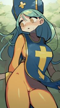 Rule 34 | 1girl, aqua hair, blue tabard, bodysuit, brown eyes, cameltoe, cowboy shot, cross, cross print, dragon quest, dragon quest iii, gloves, hat, highres, mitre, nagomuyona, orange bodysuit, priest (dq3), solo, standing, tabard, tagme, yellow gloves