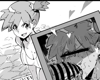 1boy 1girl :d asymmetrical_hair bar_censor bikini blush breasts cellphone_photo censored covered_erect_nipples cum cum_in_mouth fellatio hand_on_another's_head hetero highres hiro_(user_negm3832) irrumatio large_breasts licking licking_penis misty_(pokemon) nintendo one-piece_swimsuit open_mouth oral penis phone photo_(object) pokemon pokemon_lgpe ponytail pool poolside recording short_hair side_ponytail smile solo_focus sweat swimsuit tongue tongue_out v-shaped_eyebrows water