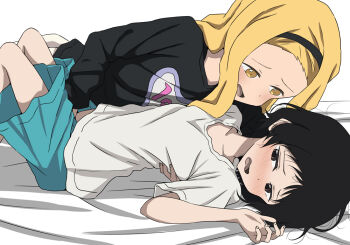 2girls black_hair black_hairband black_shirt blonde_hair blue_shorts blush brown_eyes commentary_request fingering hairband kirarazaka_marina kuze_shizuka multiple_girls nekomimi_jc open_mouth partial_commentary shirt short_hair shorts takopii_no_genzai white_background white_shirt yellow_eyes yuri