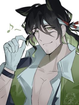 Rule 34 | 1boy, absurdres, animal ears, arknights, black hair, commentary request, facial hair, gloves, green eyes, green hair, headband, highres, looking at viewer, male focus, matsukiri (arknights), multicolored hair, musical note, pectoral cleavage, pectorals, shirt, simple background, smile, solo, stubble, upper body, visla, white background, white gloves, wolf boy, wolf ears