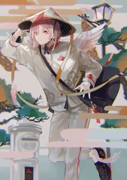 Rule 34 | 1girl, angel wings, asymmetrical bangs, bag, black shoes, closed mouth, feathered wings, feathers, full body, hair between eyes, hand up, hat, long sleeves, looking at viewer, nukuyu haru, original, outdoors, panties, pants, personification, pink eyes, pink hair, ribbon, shirt, shoes, short hair, shoulder bag, solo, tree, underwear, white panties, white shirt, wings
