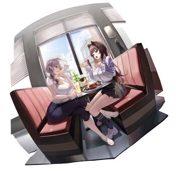 2girls 4q_(lokcy516) absurdres ahoge bag black_skirt booth_seating bracelet bread breasts brown_hair capri_pants cleavage commentary crossed_legs cup curtained_hair dutch_angle earrings food grey_eyes grey_hair hair_intakes hair_over_shoulder handbag high_heels highres hoop_earrings indoors jacket jewelry large_breasts long_hair looking_at_another meat miniskirt mole mole_under_mouth multicolored_hair multiple_girls napkin open_mouth original pants plate pleated_skirt shirt shirt_tucked_in sitting skirt smile streaked_hair white_background white_shirt window window_blinds
