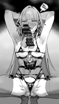1girl alternate_costume anger_vein arms_behind_head bar_censor blunt_bangs breasts censored commentary dated_commentary disembodied_hand disembodied_penis erection fellatio garter_belt greyscale hair_intakes hair_ornament herta_(honkai:_star_rail) highres honkai:_star_rail honkai_(series) keyhole knees_apart_feet_together licking lingerie long_hair looking_at_viewer micro_bra micro_panties monochrome oral otimusyairoha panties penis pussy_juice saliva sidelocks small_breasts spoken_anger_vein spread_legs squatting sweat the_herta_(honkai:_star_rail) thighhighs tiptoes twitter_username underwear very_long_hair x_hair_ornament