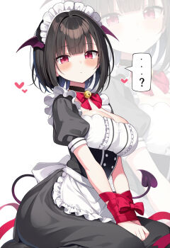 Rule 34 | ...?, 1girl, apron, bell, black choker, black hair, blush, bound, bound wrists, bow, breasts, center frills, choker, cleavage, closed mouth, commentary request, demon girl, dress, frilled apron, frills, grey dress, head wings, heart, highres, jingle bell, looking at viewer, maid, maid headdress, medium breasts, myuton, neck bell, original, puffy short sleeves, puffy sleeves, purple wings, red bow, red eyes, seiza, short hair, short sleeves, simple background, sitting, solo, white apron, white background, wings, zoom layer