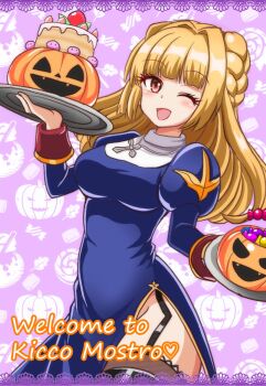 1girl black_thighhighs blonde_hair blue_dress blush braid braided_bun breasts cake commentary_request cowboy_shot cross cross_necklace double_bun dress food garter_straps hair_bun hair_intakes halloween highres holding holding_tray jack-o&#039;-lantern jewelry juliet_sleeves long_hair long_sleeves looking_at_viewer medium_breasts necklace no_panties one_eye_closed open_mouth pink_eyes priest_(ragnarok_online) puffy_sleeves pumpkin purple_background ragnarok_online rurushe_(ragnarok_online) side_slit smile solo spica_0801 thighhighs tray