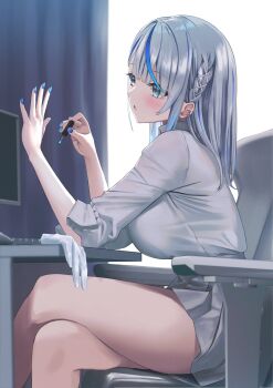 1girl amagai_ruka arale_(ara1e) blue_eyes blue_hair blue_nails blue_streaks blush bracelet chair crossed_legs gloves grey_hair highres jewelry multicolored_hair nail_polish on_chair parted_lips shirt sitting sleeves_rolled_up solo streaked_hair thighs toenail_polish toenails unworn_gloves virtual_youtuber weather_planet white_gloves white_shirt