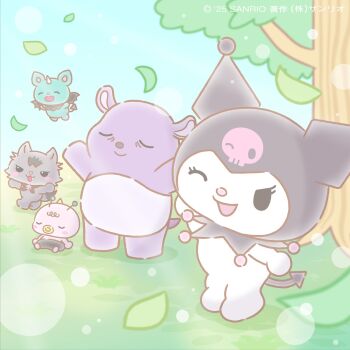 2girls 3boys ;d alien animal_ears baby baku_(onegai_my_melody) blurry blush_stickers bokeh cat_ears cat_girl cat_tail chibi chibi_only collimo commentary_request demon_tail demon_wings depth_of_field flying furry furry_female furry_male gureco_(sanrio) highres koni_(sanrio) kuromi kuromi's_pretty_journey multiple_boys multiple_girls official_art one_eye_closed onegai_my_melody open_mouth pastel_colors sanrio second-party_source skull smile solid_oval_eyes tail tree wings