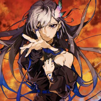 1girl absurdres belt black_shirt blue_eyes blue_hair choker closed_mouth clothing_cutout crying feather_hair_ornament feathers film_grain fingernails floating_hair hair_between_eyes hair_ornament highres lips long_hair long_sleeves looking_at_viewer maturimu66 multicolored_hair nail_polish orange_background original reaching reaching_towards_viewer shirt shoulder_cutout sleeveless sleeveless_shirt smile solo standing streaming_tears tears upper_body very_long_hair white_hair