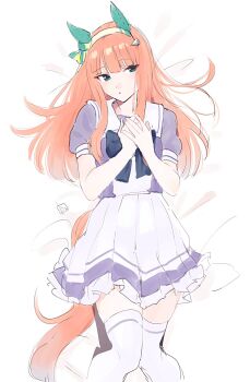 1girl animal_ears bed_sheet ear_covers frilled_skirt frills green_eyes hair_ornament hairband highres horse_ears horse_girl horse_tail long_hair nakagomiyuki415 orange_hair own_hands_together pleated_skirt sailor_collar school_uniform serafuku short_sleeves signature silence_suzuka_(umamusume) skirt tail thighhighs tracen_school_uniform umamusume white_sailor_collar white_thighhighs