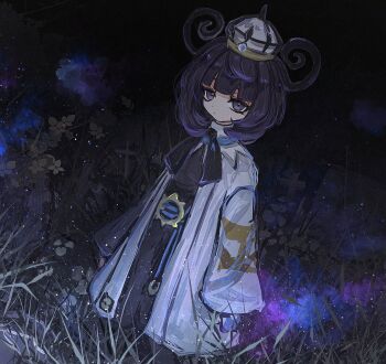 1girl belt black_bow black_bowtie black_dress black_hair blue_gloves blunt_bangs bob_cut bow bowtie coat commentary_request cross dress gloves gradient_hair grass gwynn_(pokemon) highres horimhkw11 long_sleeves looking_at_viewer mega_stone multicolored_hair night nintendo o-ring o-ring_belt open_clothes open_coat outdoors partially_fingerless_gloves pokemon pokemon_legends:_z-a purple_eyes purple_hair short_hair simple_background solo sparkle standing upper_body white_coat