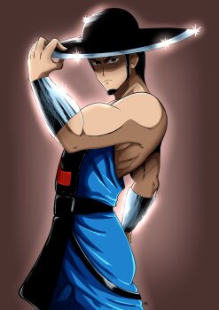 1boy angry bare_shoulders black_eyes black_hair blue_pants brown_background chinese_clothes hat highres kmkz-art kung_lao looking_at_viewer male_focus mortal_kombat_(series) pants serious shaolin_monk simple_background solo solo_focus strap wrist_guards