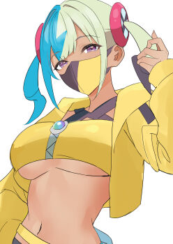 1girl absurdres aqua_hair bandeau black_mask blonde_hair blue_eyes breasts canari_(pokemon) center-flap_bangs collarbone commentary_request criss-cross_halter criss-cross_straps crop_top cropped_jacket curly_sidelocks halterneck highres jacket large_breasts looking_at_viewer mask mega_ring mega_stone midriff mouth_mask multicolored_hair nakano_kura navel nintendo pants pokemon pokemon_legends:_z-a short_twintails simple_background solo split-color_hair twintails two-tone_hair two-tone_mask underboob white_background yellow_bandeau yellow_jacket yellow_mask zipper