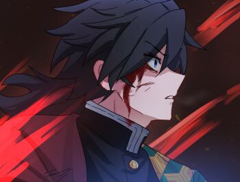 1boy black_hair black_jacket blood blood_on_face blue_eyes buttons commentary_request delie2372 demon_slayer_uniform gold_buttons haori high_collar highres jacket japanese_clothes kikkoumon kimetsu_no_yaiba korean_commentary long_hair low_ponytail male_focus parted_lips ponytail print_haori profile red_background red_haori solo spiked_hair teeth tomioka_giyuu upper_body