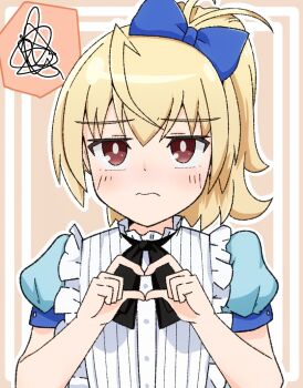 1girl ahoge ando_tazusa assault_lily black_ribbon blonde_hair blue_bow blue_shirt blush border bow brown_background brown_eyes closed_mouth commentary_request four-finger_heart_hands frilled_shirt frilled_shirt_collar frills hair_bow hands_up heart heart_hands high_ponytail looking_at_viewer neck_ribbon official_alternate_costume outline outside_border ponytail puffy_short_sleeves puffy_sleeves ribbon shirt short_hair short_sleeves simple_background solo speech_bubble spoken_squiggle squiggle two-tone_shirt upper_body wavy_mouth white_border white_outline yuzuki_suzuha