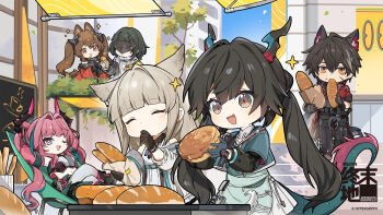 1boy 5girls angelina_(arknights) animal_ears arknights arknights:_endfield bird_ears bird_girl black_hair bread brown_hair chen_qianyu_(arknights) chibi chibi_only closed_eyes coat copyright_logo copyright_notice dragon_girl dragon_horns dragon_tail drill_hair eastern_dragon_horns eastern_dragon_tail endministrator_(arknights) female_endministrator_(arknights) food fox_ears fox_girl gilberta_(arknights) grey_hair highres holding holding_food horns kumomero loaf_of_bread logo long_hair low_twintails mask multicolored_hair multiple_girls off_shoulder official_art one_eye_closed perlica_(arknights) pink_hair red_coat short_hair streaked_hair tail twin_drills twintails white_coat wolf_boy wolf_ears wulfgard_(arknights) yvonne_(arknights)