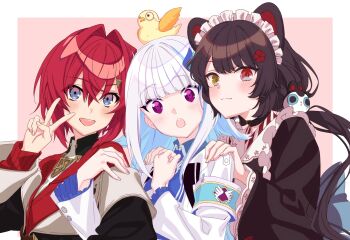 Rule 34 | 3girls, :3, :d, :o, absurdres, ange katrina, ange katrina (1st costume), animal, animal ears, animal hair ornament, animal on head, armband, bird, bird on head, black coat, blue armband, blue eyes, blue hair, blush, border, brown collar, brown hair, brown kimono, cardigan, closed mouth, coat, collar, colored inner hair, commentary request, crossed bangs, dog ears, flower, frilled sleeves, frills, group picture, hair between eyes, hair flower, hair intakes, hair ornament, hand on another's shoulder, hand up, hands up, heterochromia, highres, hozumi ayaka, inui toko, inui toko (1st costume), jacket, japanese clothes, kimono, lize helesta, lize helesta (1st costume), locked arms, long bangs, long hair, long sleeves, looking at viewer, maid headdress, medium hair, monocle, multicolored hair, multiple girls, nijisanji, off shoulder, on head, open mouth, outside border, pink background, purple eyes, red cardigan, red eyes, red hair, sanbaka (nijisanji), sebastian piyodore, simple background, smile, split mouth, streaked hair, triangle hair ornament, two-tone hair, upper body, v, virtual youtuber, white border, white hair, white headdress, white jacket, yellow bird, yellow eyes