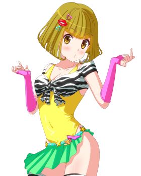 Rule 34 | 1girl, animal print, blonde hair, blunt bangs, blush, breasts, cleavage, collarbone, contrapposto, covered navel, cowboy shot, detached sleeves, disembodied mouth, game cg, green skirt, hair ornament, hands up, heart, heart hair ornament, highres, idol wars, inon (idol wars), leotard, o3o, official art, pink sleeves, print shirt, print thighhighs, red lips, second-party source, shirt, short hair, simple background, skirt, small breasts, solo, star (symbol), star ornament, thighhighs, tied shirt, transparent background, white shirt, white thighhighs, yellow eyes, yellow leotard, zebra print