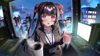 1girl azusamaru black_hair black_jacket blush bow coffee coffee_mug collared_shirt commentary_request computer computer_keyboard computer_mouse cup hair_bow highres holding holding_cup id_card incoming_gift indie_virtual_youtuber jacket long_hair looking_at_viewer monitor mug night office office_lady open_mouth pink_eyes red_bow shio_nanoha shirt solo two_side_up virtual_youtuber white_shirt
