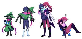 +++ 1girl 1other 2boys :d :o ankle_boots antenna_hair armlet armor armored_boots arms_around_neck bare_arms bare_shoulders barefoot belt black_belt black_bodysuit black_coat black_fur blue_boots blue_gloves blue_skin blush bob_cut bodysuit boots bracelet carrying carrying_person claws closed_mouth coat colored_skin colored_teeth covered_eyes covering_face deltarune embarrassed expressionless facing_another fangs fewer_digits full_body furry furry_female furry_male gauntlets glasses gloves goat_boy green-framed_eyewear green_hat green_robe grin hair_over_eyes hand_on_another's_shoulder hashtag-only_commentary hat heart heart_belt high_heel_boots high_heels highres horns jewelry knee_boots knees_up kris_(dark_world)_(deltarune) kris_(deltarune) lancer_(deltarune) long_hair looking_at_another multiple_boys open_clothes open_coat open_mouth pants pink_hair pink_pants pink_scarf pink_skin princess_carry purple_trim ralsei ralsei_(hat) reptile_girl robe round_eyewear scarf sharp_teeth short_hair shoulder_armor simple_background sitting skin_fangs sleeveless sleeveless_coat smile solid_oval_eyes spade_(shape) spiked_armlet spiked_bracelet spikes squiggle standing susie_(dark_world)_(deltarune) susie_(deltarune) teeth utdr_(toby_fox) watasi_tokimi white_armor white_background white_boots white_eyes wizard_hat yellow_teeth