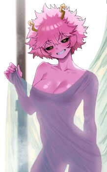 1girl absurdres ashido_mina black_sclera boku_no_hero_academia breasts cleavage colored_sclera colored_skin commentary english_commentary highres horns looking_at_viewer medium_breasts pink_hair pink_skin single_off_shoulder solo yellow_eyes yellow_horns zd_(pixiv6210083)
