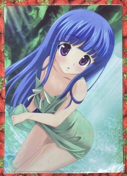 1girl ass blue_hair dress food fruit furude_rika higurashi_no_naku_koro_ni loli looking_at_viewer photo_(medium) rato strap_slip strawberry wet wet_clothes wringing_clothes wringing_dress