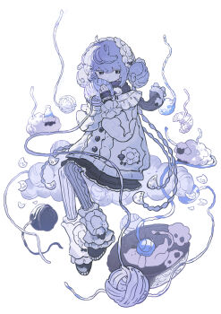 Rule 34 | 1girl, absurdres, cat, commentary, falling, fluff, fluffy, fluffy hair, highres, holding, jitome, lankilanki, monochrome, original, scarf, sheep, sheep girl, sweater, tagme, thread, untranslatable commentary, wool, yarn, yarn ball