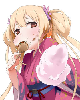 Rule 34 | 10s, 1girl, blonde hair, brown eyes, cotton candy, dirty, eating, female focus, food, food on face, futaba anzu, holding, holding cotton candy, holding food, idolmaster, idolmaster cinderella girls, japanese clothes, kimono, long hair, looking at viewer, nemeko, outstretched arm, puffy cheeks, solo, takoyaki, twintails