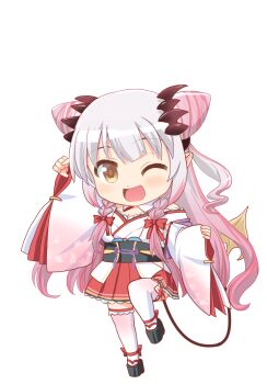 1girl ;d black_sandals black_sash braid braided_sidelocks brown_eyes chibi chibi_only commentary_request cone_hair_bun demon_girl demon_horns demon_tail detached_collar detached_sleeves double_bun furisode_sleeves gradient_hair grey_hair hair_bun hakama hakama_short_skirt hakama_skirt half_up_braid haniwa_(leaf_garden) headgear highres horns japanese_clothes kimono knee_up long_hair long_sleeves miniskirt multicolored_hair nanashi_inc. nontraditional_miko obi obidome obijime off_shoulder official_alternate_costume official_alternate_hairstyle okobo one_eye_closed open_mouth pinching_sleeves pink_hair pink_streaks platform_heels platform_sandals pleated_skirt pointy_ears red_horns red_skirt sandals sash side_braids side_up_bun simple_background skirt sleeves_past_wrists smile solo standing standing_on_one_leg streaked_hair suou_patra suou_patra_(3rd_costume) tail thighhighs transparent_background twin_braids two_side_up underbust very_long_hair virtual_youtuber white_kimono white_thighhighs wide_sleeves