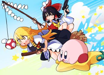 2girls black_hair blonde_hair bow braid broom broom_riding commentary crossover drooling gohei gram_9 gun hair_bow hair_tubes hakurei_reimu highres holding holding_gohei holding_gun holding_weapon japanese_clothes kirby kirby_(series) kirby_air_ride kirby_air_riders kirisame_marisa long_hair miko multiple_girls mushroom nintendo open_mouth red_bow saliva short_sleeves side_braid star_(symbol) touhou warp_star weapon