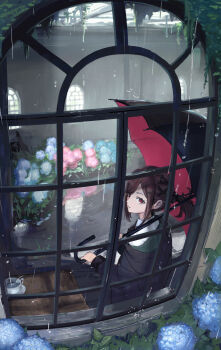Rule 34 | 1girl, absurdres, arched window, black jacket, black umbrella, brown hair, commentary request, cross hair ornament, flower, hair ornament, hairclip, highres, holding, holding umbrella, jacket, long hair, looking through window, original, paserin ekaku, ponytail, puddle, rain, red eyes, red umbrella, scenery, shirt, solo, triangle hair ornament, two-sided umbrella, umbrella, wet, wet clothes, white shirt, window