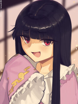 1girl :d artist_name blurry blurry_background blush blush_stickers boa_(brianoa) eyebrows eyelashes hand_under_clothes highres hime_cut houraisan_kaguya imperishable_night long_hair long_sleeves neck open_mouth portrait red_eyes shine sleeves_past_fingers sleeves_past_wrists smile solo solo_focus touhou traditional_dress twitter_username