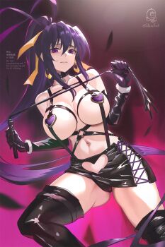 1girl absurdres antenna_hair black_choker black_gloves black_slingshot_swimsuit black_thighhighs choker gloves hair_ribbon heart_pasties highres holding holding_whip long_hair looking_at_viewer microskirt navel parted_lips pasties purple_background purple_eyes purple_hair revealing_clothes ribbon shiro_font skirt slingshot_swimsuit solo swimsuit thighhighs very_long_hair